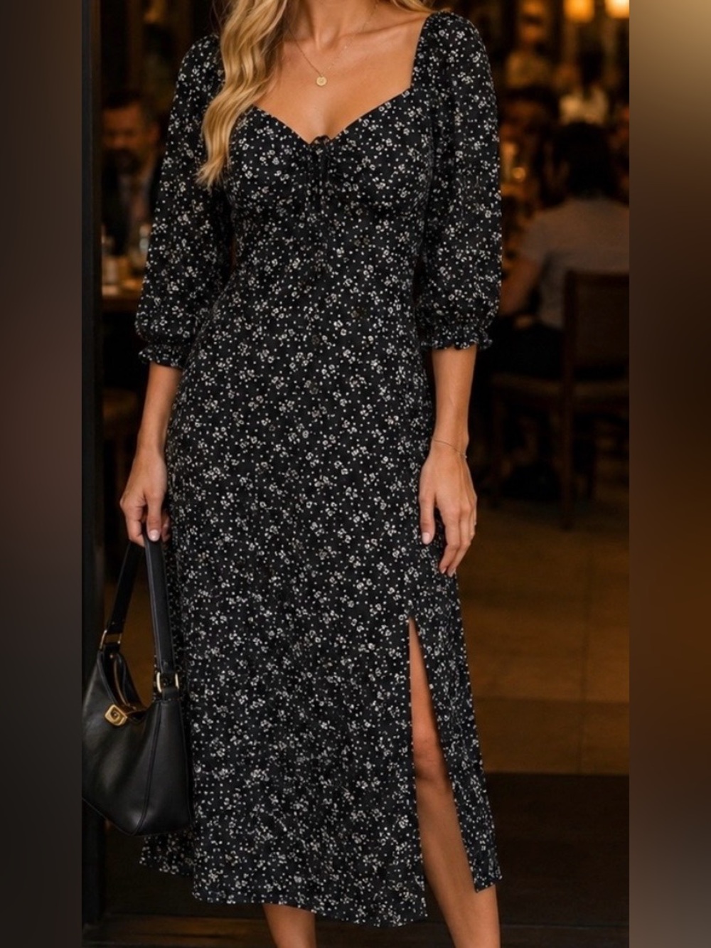 Hollister Black Floral Off Shoulder Bow Tie Front Midi Front Side Slit Dress M